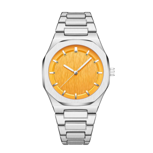 Rework Astra watch with orange dial, silver alloy strap, and stainless steel case. Features a 43mm case and butterfly clasp.