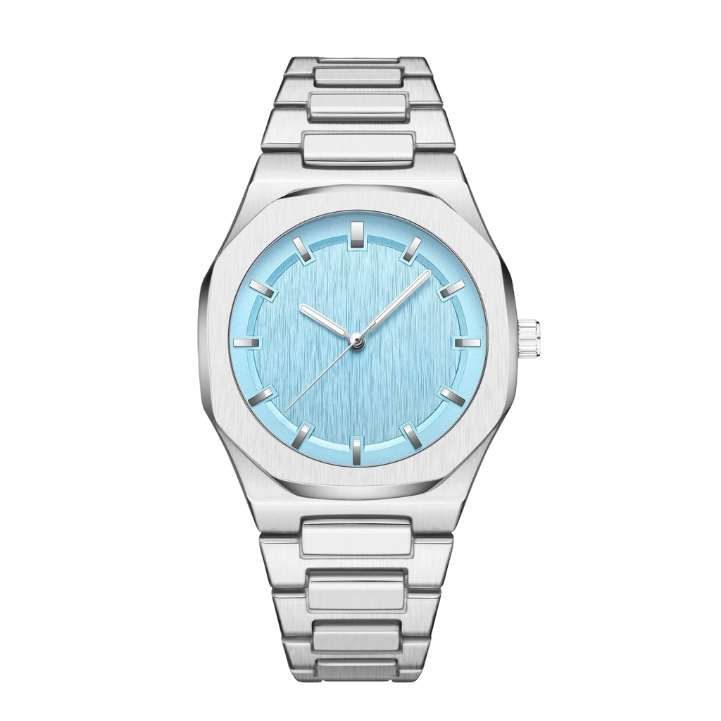 Rework Astra watch with sky blue dial, silver alloy strap, and stainless steel case. Features a 43mm dial and butterfly clasp.