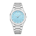 Rework Astra watch with sky blue dial, silver alloy strap, and stainless steel case. Features a 43mm dial and butterfly clasp.
