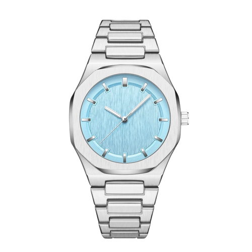 Rework Astra watch with sky blue dial, silver alloy strap, and stainless steel case. Features a 43mm dial and butterfly clasp.