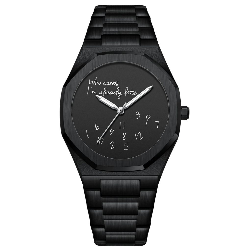 Rework black metal business watch for men with a unique dial featuring handwritten text "Who cares I'm already fate" and scattered numbers.