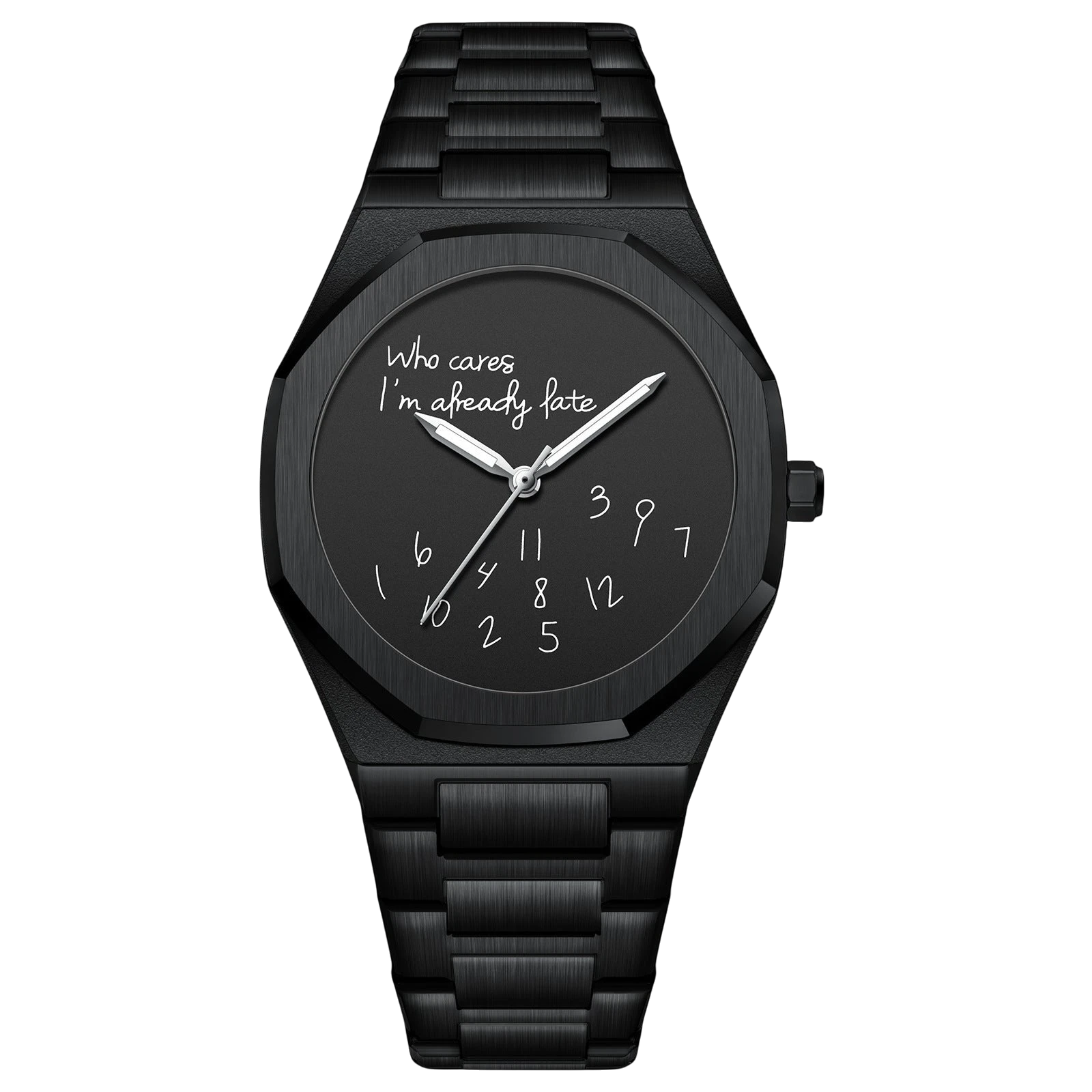 Rework black metal business watch for men with a unique dial featuring handwritten text "Who cares I'm already fate" and scattered numbers.