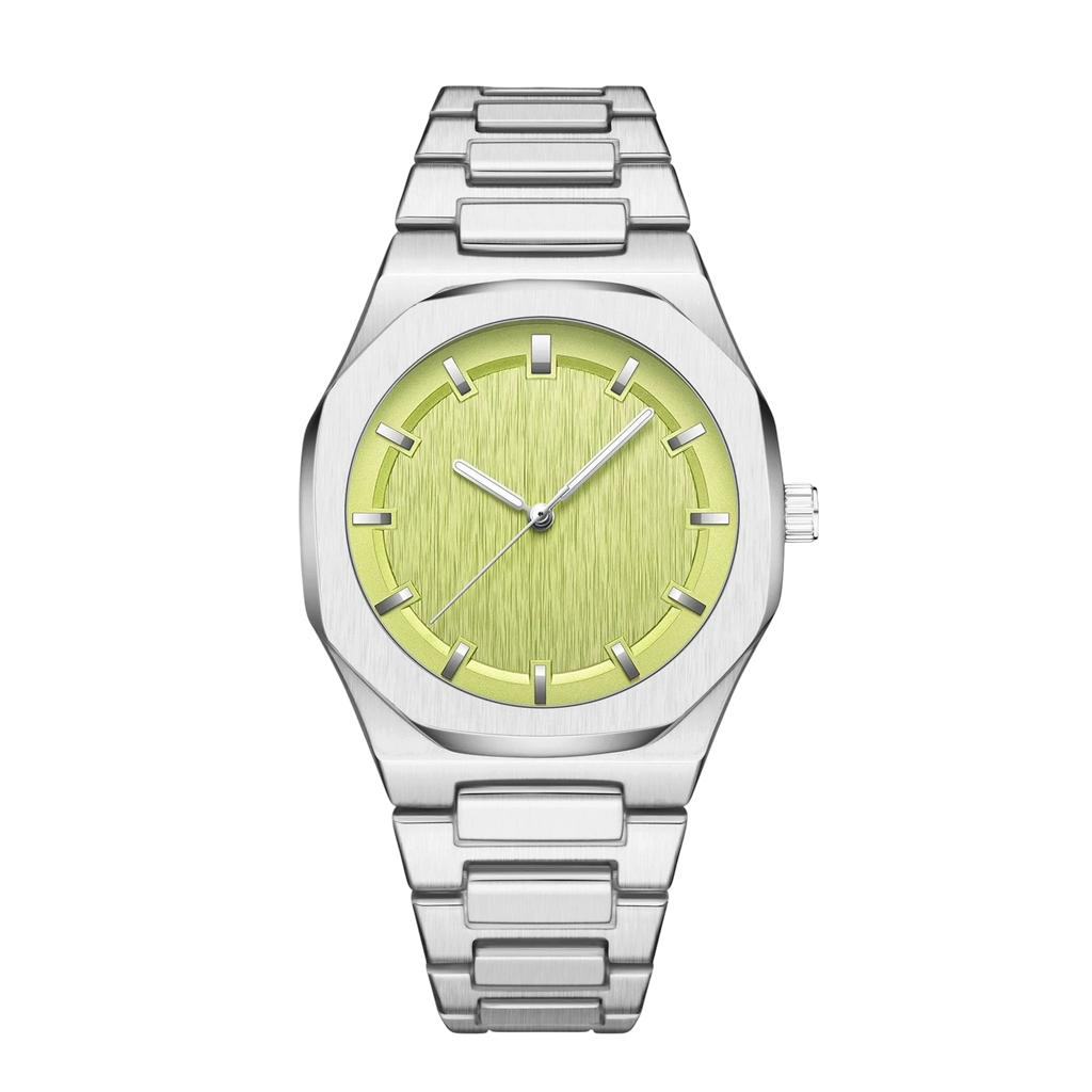 Rework men's watch with a sky blue, yellow, and orange dial, stainless steel case, and alloy strap. Features a 43mm dial and mineral glass.