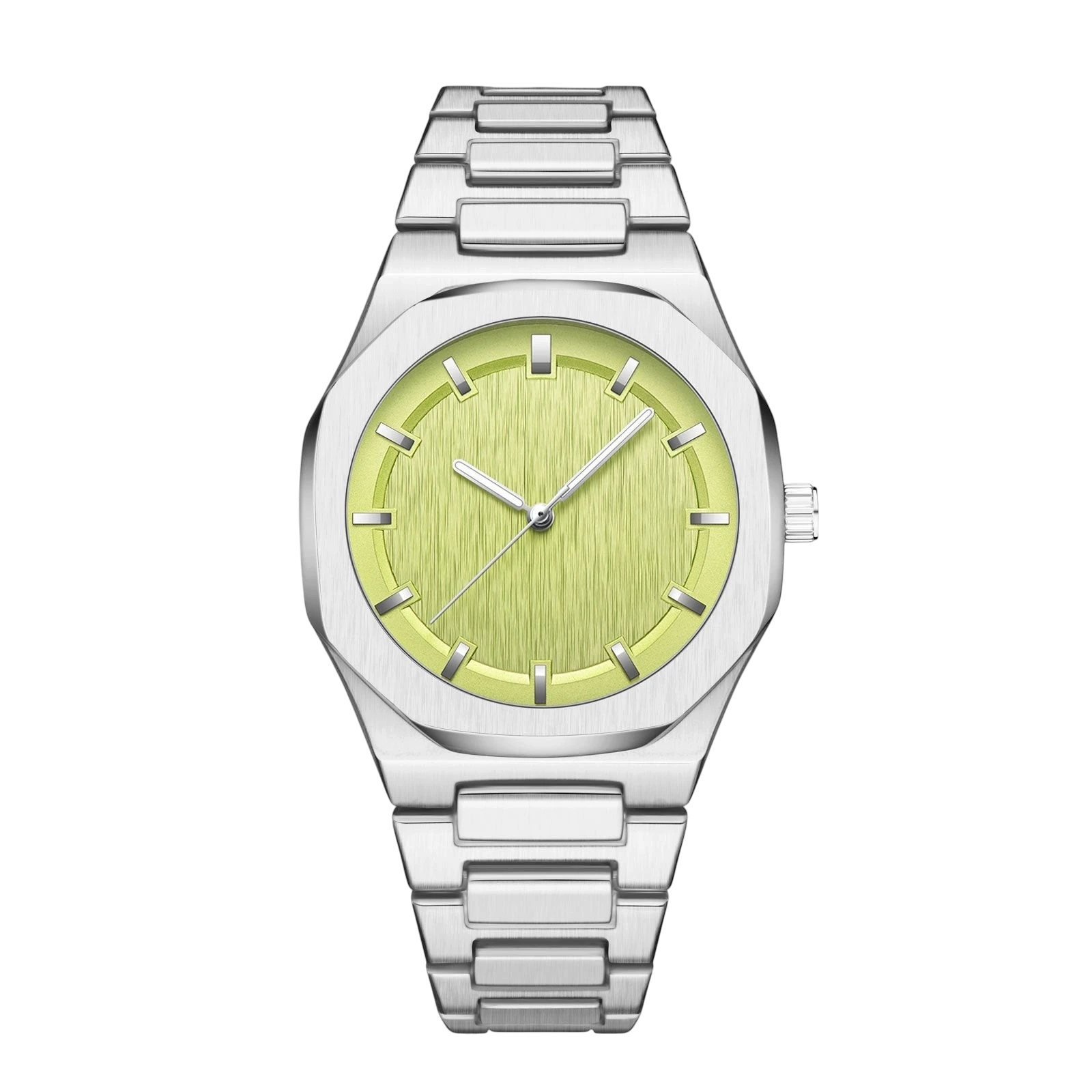 Rework men's watch with a sky blue, yellow, and orange dial, stainless steel case, and alloy strap. Features a 43mm dial and mineral glass.