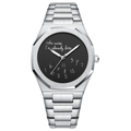 Rework business watch with silver band, black dial, and "Who cares I'm already fate" text. For men.