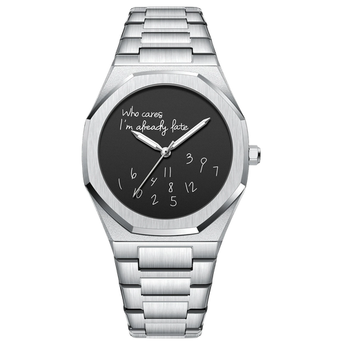 Rework business watch with silver band, black dial, and "Who cares I'm already fate" text. For men.