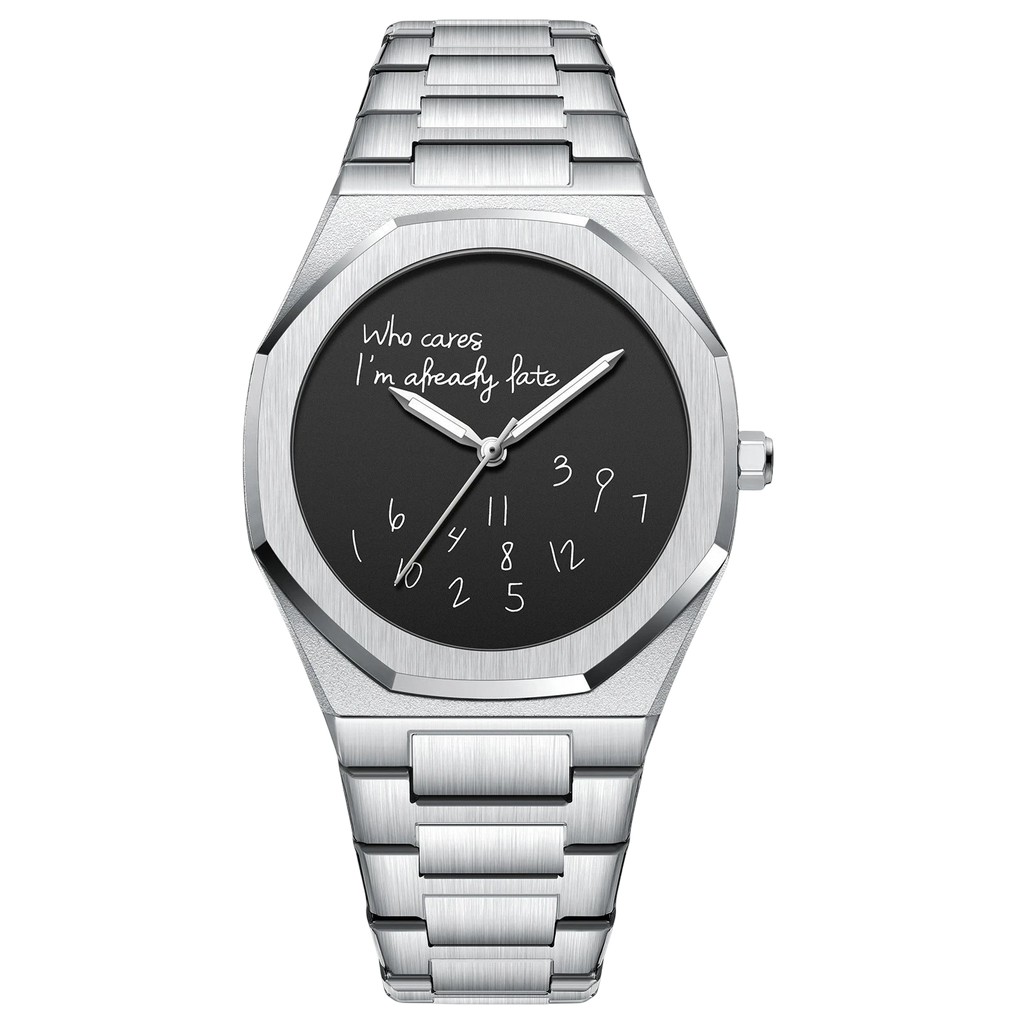 Rework silver and black business watch for men with a 4cm diameter and unique 'Who cares I'm already fate' dial.