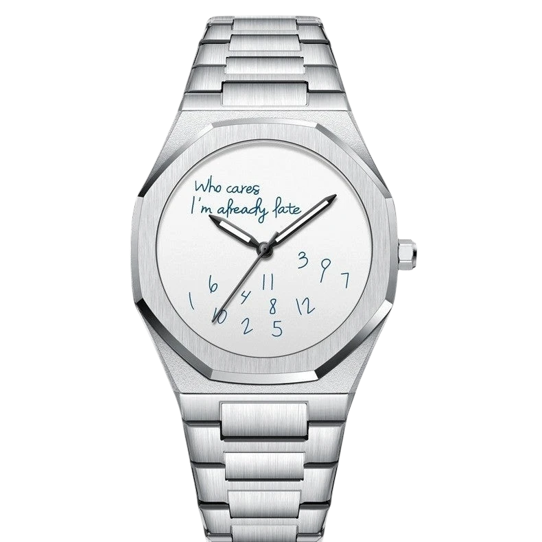 Rework men's silver metal watch with a white dial featuring the text "Who cares I'm already late" and scattered numbers.
