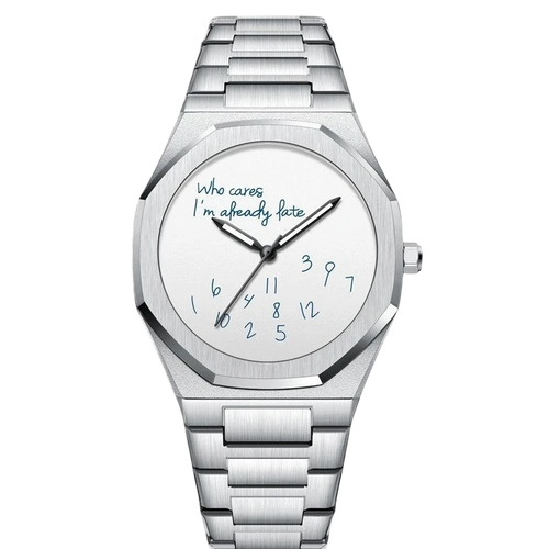 Rework men's silver metal watch with a white dial featuring the text "Who cares I'm already late" and scattered numbers.